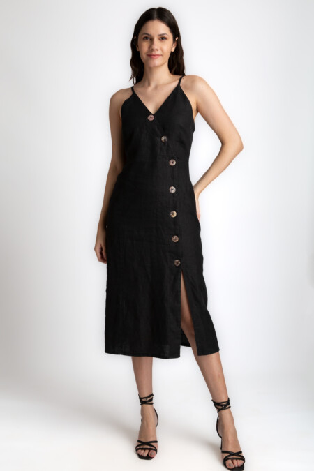 Bold Women's Linen Dress with Side Slit - Contemporary Elegance-Black