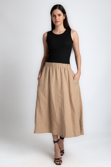 Elastic Belt Linen Skirt Women, Midi- Ballerina Length, Side Pockets, Low Waist Casual Loose Fit