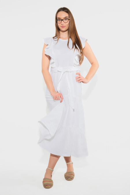 Sleeveless Linen Dress Women, Ruffle Design, Midi Length, A-Line Skirt, Boat Neck, Casual