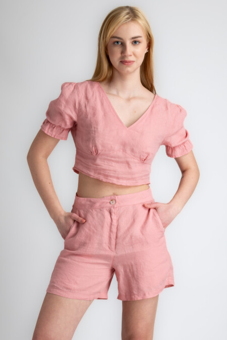 Light Pink Linen Crop Top and High-Waisted V-Neck Shorts Set