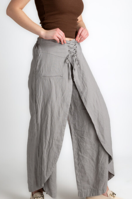 Linen Wrap Style Pant for Women, Casual, Wide Leg, Relaxed Size, Mid Waist Smoke Color