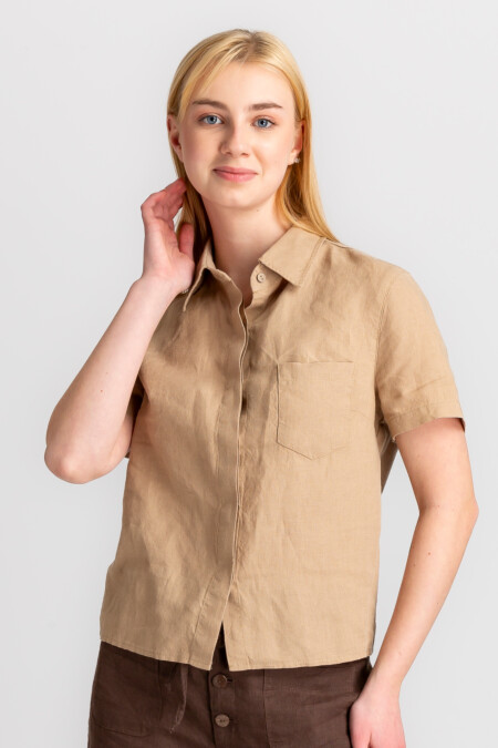 Short Sleeve Linen Shirt Women, Bust Pocket, Waist Length, Collared, Relaxed Fit