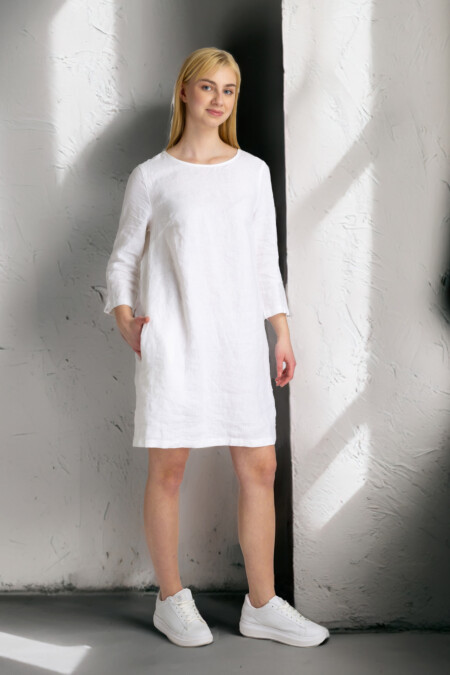 Above Knee Boat Neck Linen Dress Women, Three Quarter Sleeve, Side Pockets, Relaxed Fİt