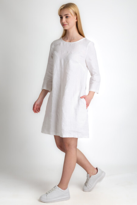 Above Knee Boat Neck Linen Dress Women, Three Quarter Sleeve, Side Pockets, Relaxed Fİt