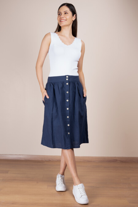 Button Straight Linen Skirt Women, Front Button Closure, Mid Waist Rise, Relaxed Fit, Casual 