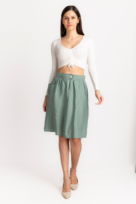 Button Closure Linen Skirt Women, Knee Length, RElaxed Fit, A-Line, Casual