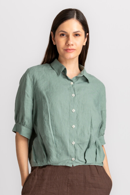 Pleated Linen Shirt Women, Above Elbow Sleeve, Relaxed Fit, Waist Length,Buttoned Closure