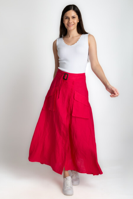 Buckle Belt Linen Skirt Women, Cargo Pockets, Front Slit, Maxi Length, A-Line Skirt, Casual