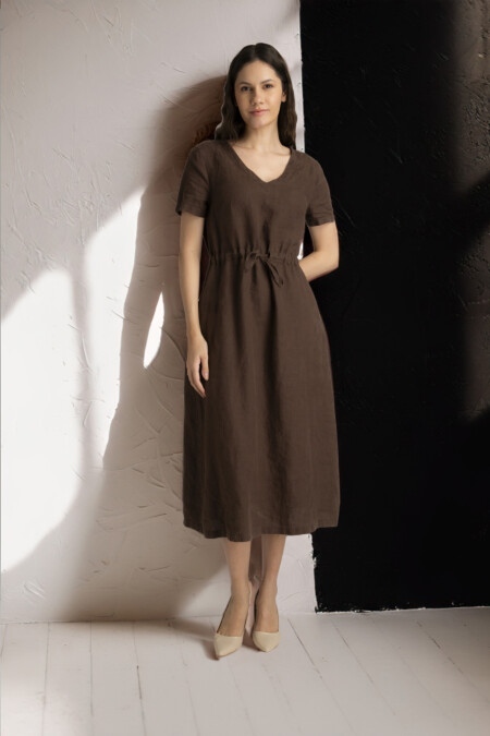 Ballerina-Midi Length Linen Dress Women, Short Sleeve, Pocket, Casual