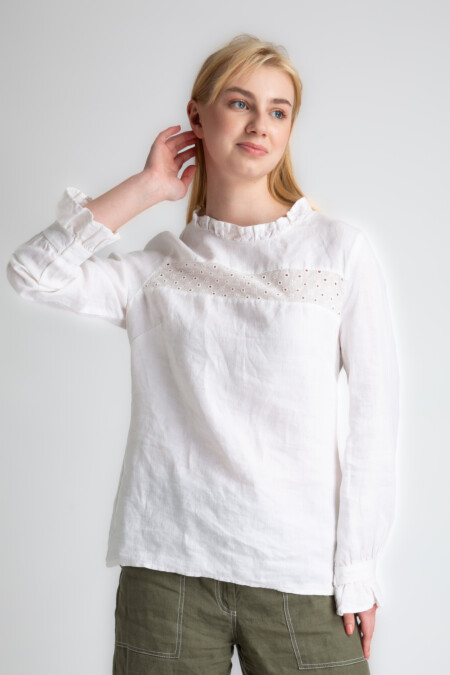 Embroidery Linen Blouse Women, Ruffle Necline, Long Sleeve, Elastic Ruffle Cuff, Relaxed Fit