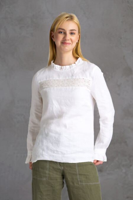 Embroidery Linen Blouse Women, Ruffle Necline, Long Sleeve, Elastic Ruffle Cuff, Relaxed Fit