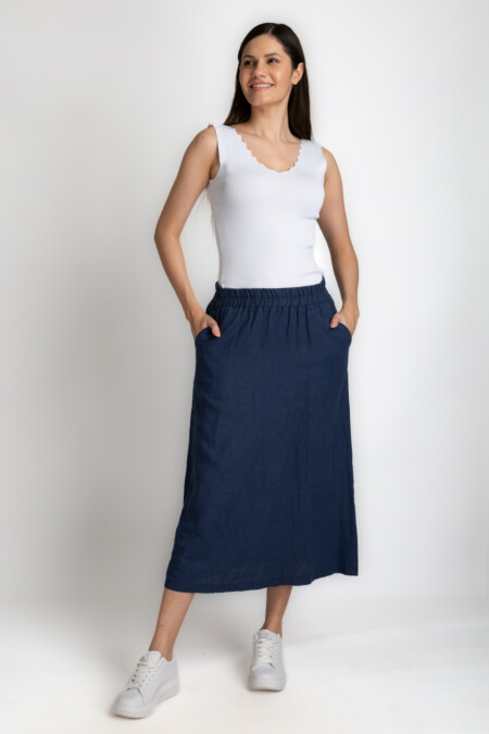 Linen Women's Midi Skirt with Elastic Waist - Versatile Elegance