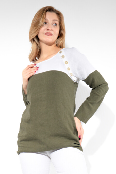 Women Contemporary Bi-Color Linen Blouse with Decorative Buttons