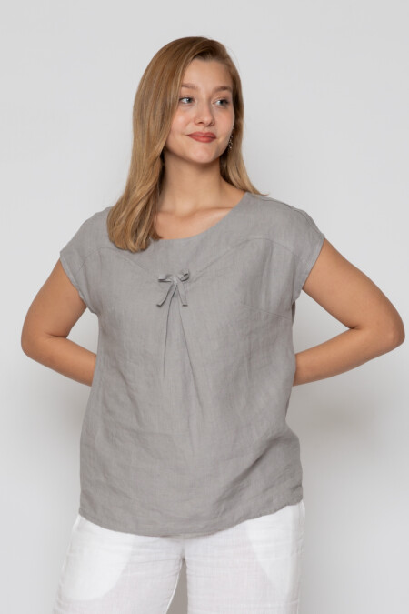 Casual Women's Linen Top with Drawstring Neckline Detail