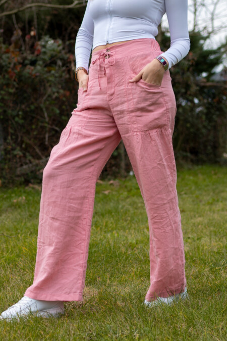 Relaxed Fit Linen Pants With Front Pockets, Elastic Waist, Button Closure, Linen Pants Women