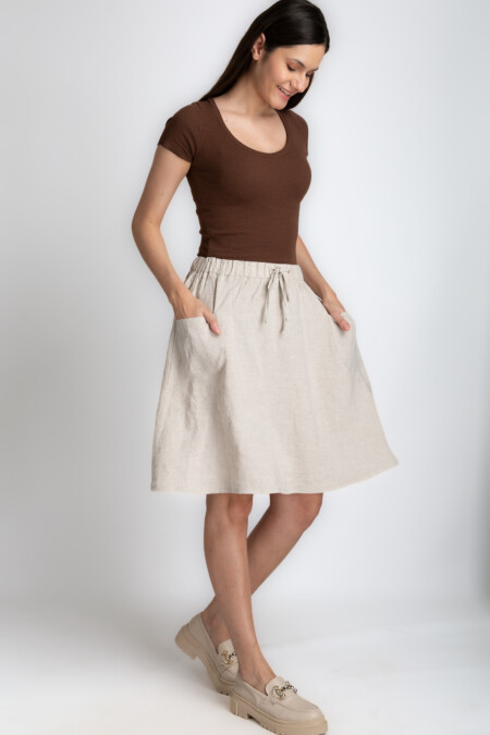 Knee Length Linen Skirt Women, Elastic Drawstring Waistband, Pockets, A-Line Relaxed Fit