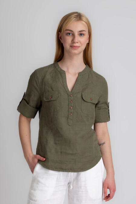 Women Linen Casual Top with Rolled Cuffs, Half Buttoned Front