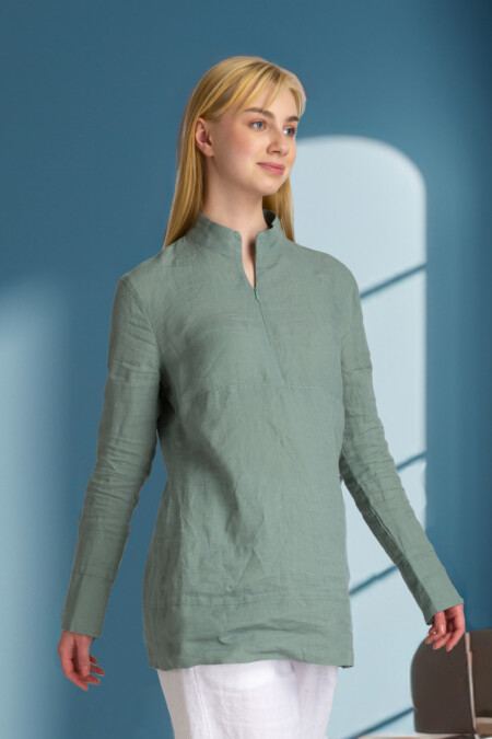 Women Linen Tunic Top with Mandarin Collar