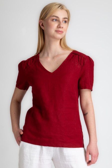 Linen Blouse Women, V-neck Short Sleeve Tops, Waist Length Casual T-shirt