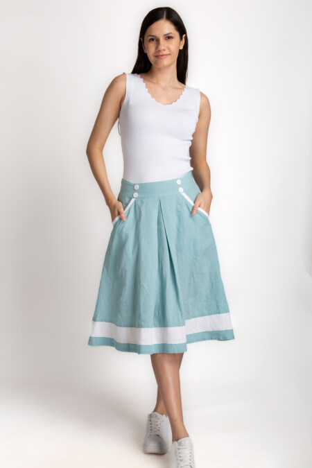 A-Line Striped Linen Skirt Women, Knee Length, Pockets, Zipper Closure, Relaxed Fit