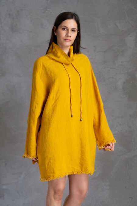 Oversized Lİnen Tunic Women, High Cowl Neck, Long Sleeve, 