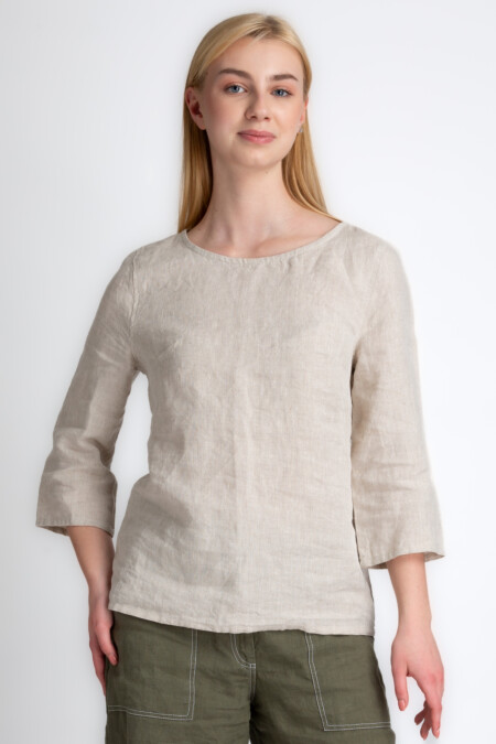 Natural Linen Women's Boat Neck Blouse with Three-Quarter Sleeves