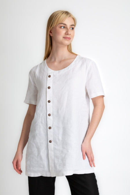 Women Linen Dress- Shirt, High Low, U-Shape Neck, Button Closure, Short Sleeve,  RElaxed Fit