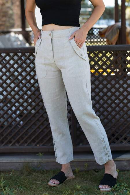 Pleated Pocket Linen Pants, Relaxed Fit, Casual, Straight Leg