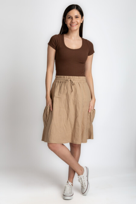 Natural Linen Women's Midi Skirt with Elastic Waistband and Patch Pockets