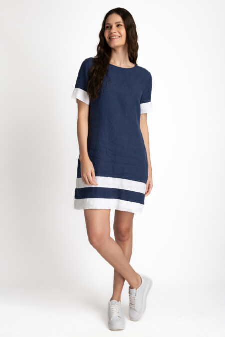 Color Block Linen Dress Women, Mini, Boat Neck, Short Sleeve, Pocket