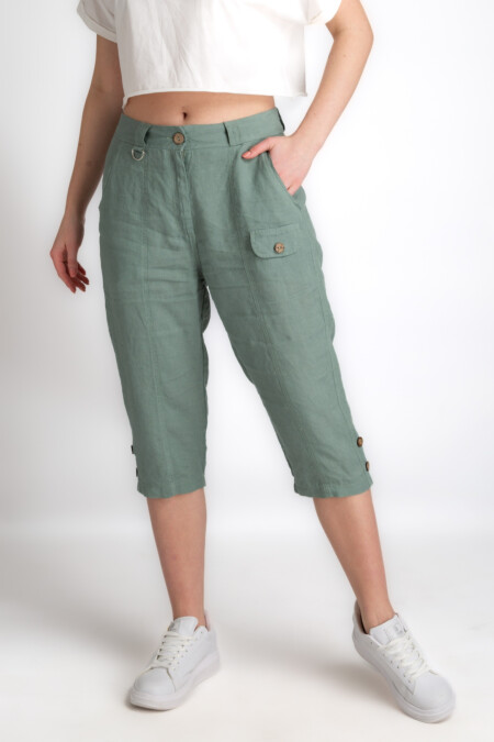 Capri button closure Linen Pants Womens, Mid Waist, Pagget, Regular Fit
