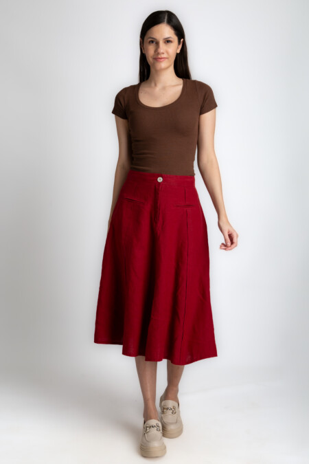 Casual Below Knee Linen Skirt Women, Mid Waist Zipper and button closure, Relaxed Fİt