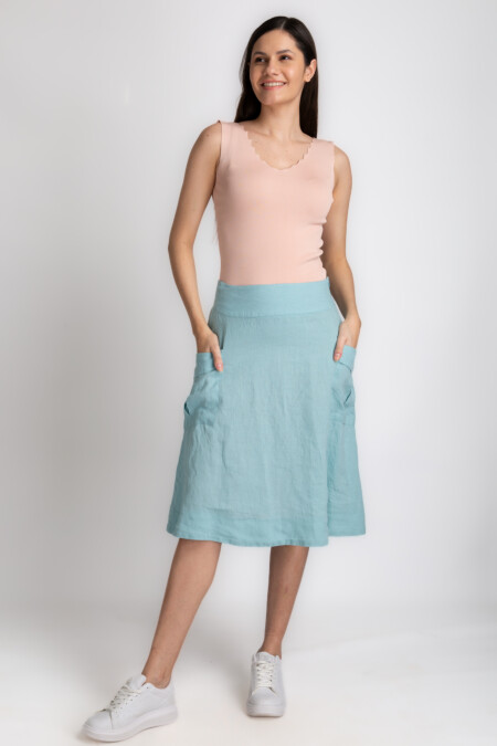 Knee Length Linen Skirt Women, A-Line Relaxed Fit, Pockets Casual Skirt, Mid Rise