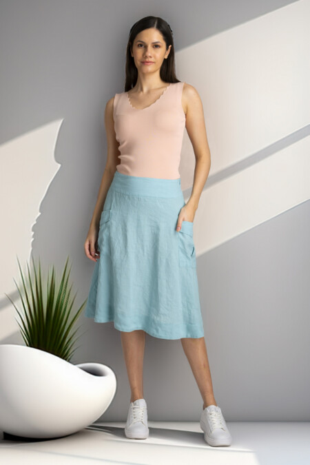 Knee Length Linen Skirt Women, A-Line Relaxed Fit, Pockets Casual Skirt, Mid Rise