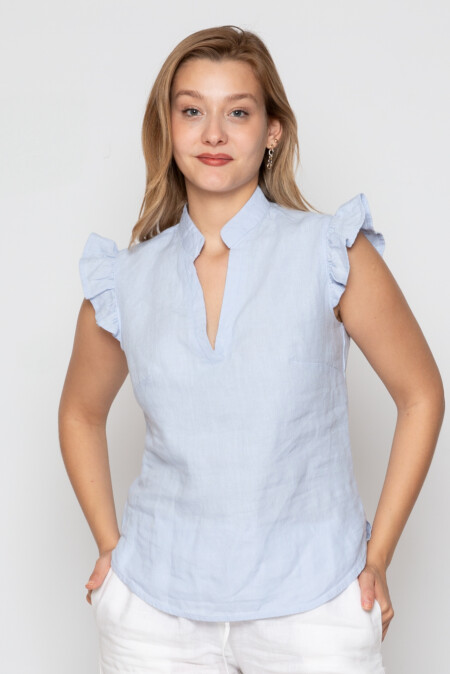 Linen Women's Top with Ruffle Sleeves and V-Neck Detail