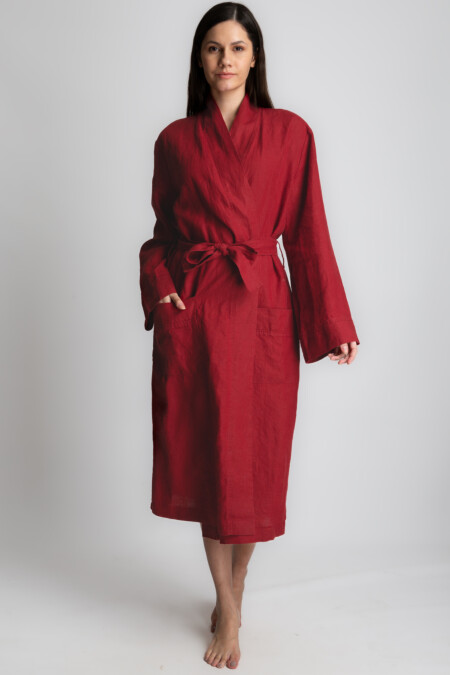Long Sleeve Linen Bathrobe Women, Front Patch Pockets, Mini Length Robe, Loose Fit