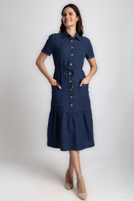 Button Closure Linen Dress Women, Short Sleeve, Flap Pockets, A-Line Cut, Casual Relaxed Fit Midi Length