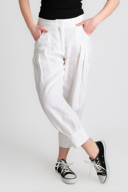 Front Pleated Capri Linen Pants, Sweat Pants, Relaxed Fit,Paper Bag