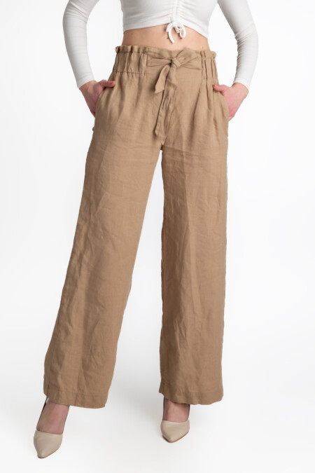 Elastic High Waist Linen Pants Women, Drawstring, Straight Leg