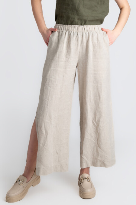 Slit Pants Linen For Women, Elastic Waist, Pocket Loose Fit