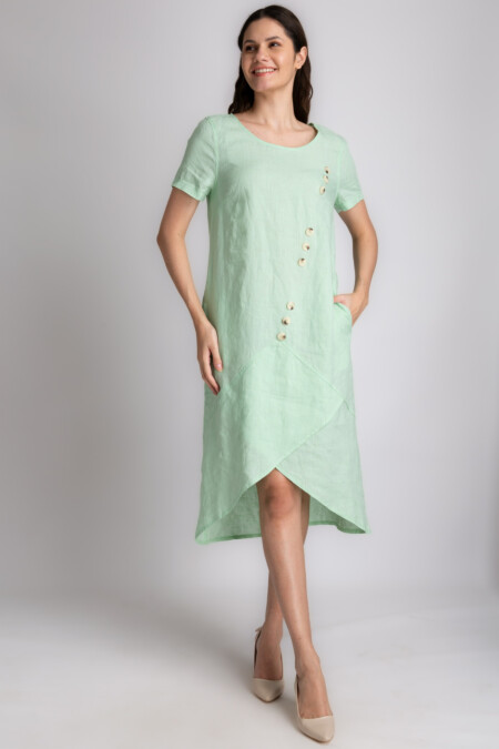Asymmetrical Cut Skirt Linen Dress Women, Boat Neckline, Short Sleeve, Knee Length, Loose Fit