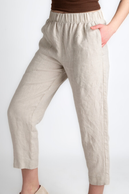Capri Linen Pants Womens, With Elastic Waist, Paper Bag, Regular Fit