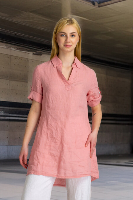 Linen Tunic Women, V-Neck Rolled Sleeve, Dress Shirt Women, Loose Fit