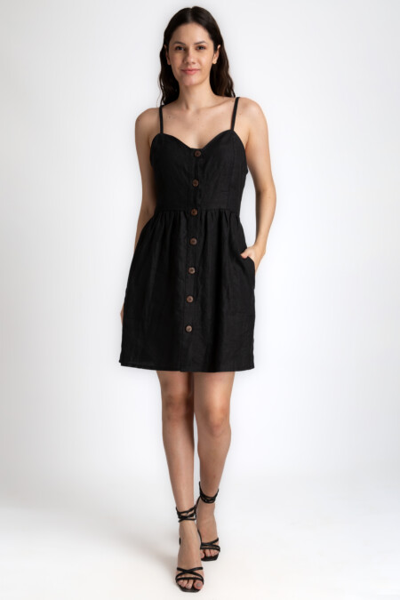 Sweetheart Neckline Linen Dress Women, Button Closure, Above Knee, Spaghetti Strap, Side Pocket Relaxed Fit