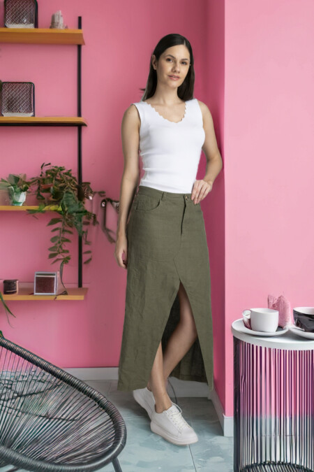 Midi Length Front Slit Linen Skirt Women, High Rise, Regular Fit, Zipper Closure,Casual