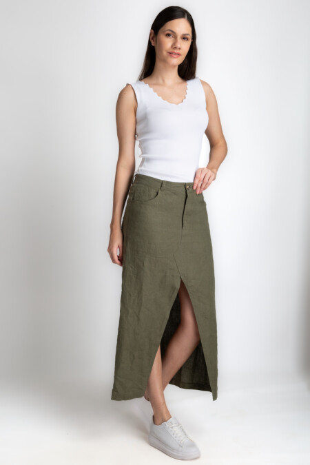 Midi Length Front Slit Linen Skirt Women, High Rise, Regular Fit, Zipper Closure,Casual
