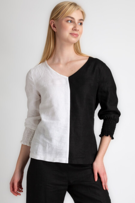 V-Neck Two Toned Linen Tops Women, Long Sleeve Elastic Cuff Blouse Women,Relaxed Fit