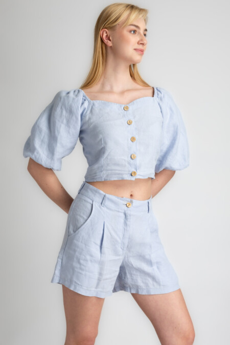 Linen Puff Sleeve Light Blue Button-Up Crop Top and Matching Shorts Set