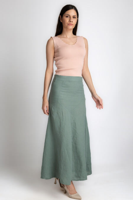 Maxi Length Linen Skirt Women, Mid Waist Zipper closure, Godet Style, Relaxed Fit